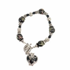 Locket Beaded Bracelet, Black, Silver Tone